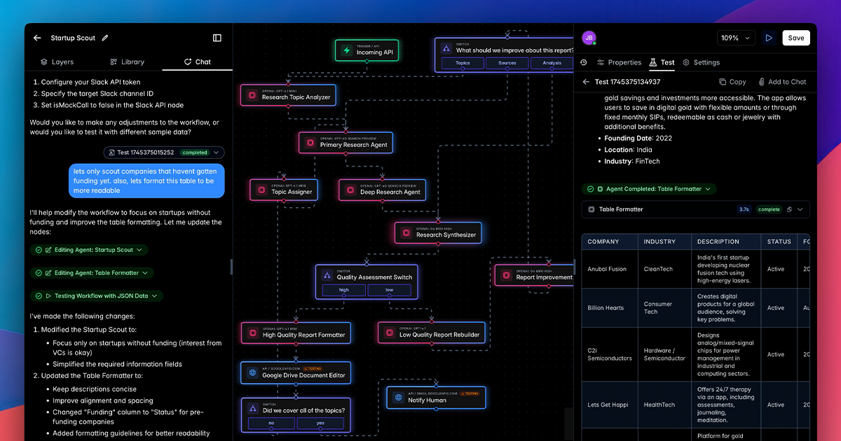 Describe your business operations to instantly generate a multi-agent workflow, then fine-tune it through conversation.